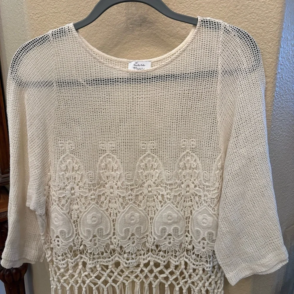 ZARA Women Cream Crochet Fringe 3/4 Sleeve Boho Festival Concert Top Size Small